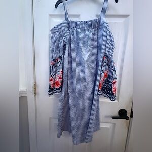 Striped Off-Shoulder Dress with Floral Embroidery